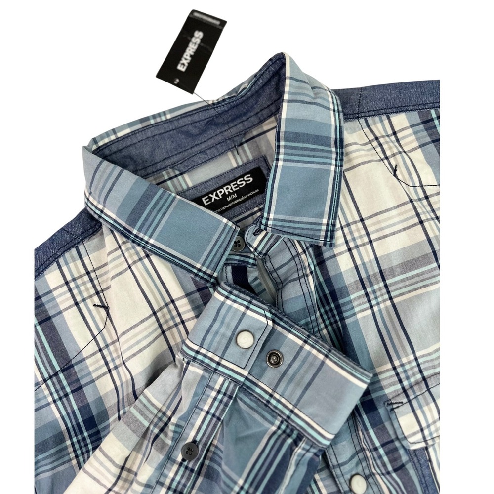 Express Western Style Blue White Plaid Shirt Pearl Snap Long Sleeve Button M New
